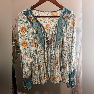 No Brand (XL) - Turquoise Floral Boho Gypsy Blouse
